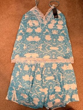 Badgley Mischka Blue and White Floral Lace Camisole